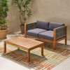 Patio Loveseat and Coffee Table Set, Patio Furniture Set with Cushion, Acacia Wood Frame Conversation Set for Garden, Backyard, Porch and Poolside