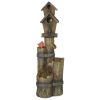 Outsunny Outdoor Fountain with Birdhouse, Cascading Garden Waterfall Bird Bath with 3-Tier Rustic Tree Trunk & LED Lights for Porch, Deck, Yard, Brown