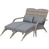 Outsunny Wicker Adirondack Chair for 2 with Cushions & Footrests, PE Rattan Double Chaise Lounge Chair, Fire Pit Chair for Porch with High-back