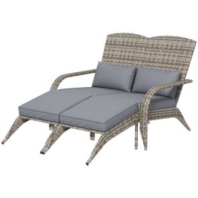 Outsunny Wicker Adirondack Chair for 2 with Cushions & Footrests, PE Rattan Double Chaise Lounge Chair, Fire Pit Chair for Porch with High-back