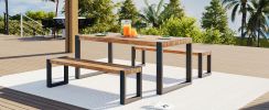 GO 3-pieces Outdoor Dining Table With 2 Benches, Patio Dining Set With Unique Top Texture, Acacia Wood Top & Steel Frame, All Weather Use