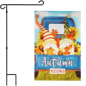 Combo Pack Garden Flag Stand Black 36 x 16 in & Garden Flag 12x18 in Fall Decoration Autumn Blessings Gnomes with Pumpkins Double-Sided Blockout Fabri