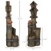 Outsunny Outdoor Fountain with Birdhouse, Cascading Garden Waterfall Bird Bath with 3-Tier Rustic Tree Trunk & LED Lights for Porch, Deck, Yard, Brown