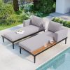 TOPMAX Modern Outdoor Daybed Patio Metal Daybed with Wood Topped Side Spaces for Drinks, 2 in 1 Padded Chaise Lounges for Poolside, Balcony, Deck