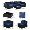 Outsunny 7-Piece Rattan Couch, Outdoor Patio Furniture Set, with Removable Cushions and Ottoman, Glass Coffee Table- Dark Coffee/Blue