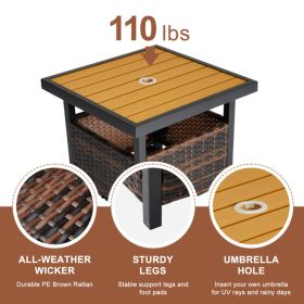 Outdoor Wicker Side Table with Umbrella Hole & Storage Space, Square PE Rattan End Table for Patio Garden Poolside Deck, Brown