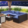 Outsunny 7-Piece Rattan Couch, Outdoor Patio Furniture Set, with Removable Cushions and Ottoman, Glass Coffee Table- Dark Coffee/Blue