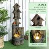Outsunny Outdoor Fountain with Birdhouse, Cascading Garden Waterfall Bird Bath with 3-Tier Rustic Tree Trunk & LED Lights for Porch, Deck, Yard, Brown