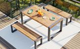 GO 3-pieces Outdoor Dining Table With 2 Benches, Patio Dining Set With Unique Top Texture, Acacia Wood Top & Steel Frame, All Weather Use