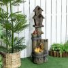 Outsunny Outdoor Fountain with Birdhouse, Cascading Garden Waterfall Bird Bath with 3-Tier Rustic Tree Trunk & LED Lights for Porch, Deck, Yard, Brown