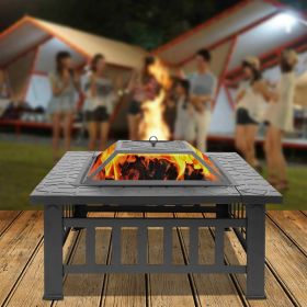 32 Inch Black Iron Fire Pit with Grill Pan Multifunctional Outdoor BBQ Grill and Ice Pit Rectangular Heater for Patio Lawn and Garden Warming Fire Bow