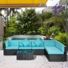 Outsunny 7-Piece Wicker Patio Conversation Set with Cushions & Glass Table, Turquoise