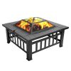 32 Inch Black Iron Fire Pit with Grill Pan Multifunctional Outdoor BBQ Grill and Ice Pit Rectangular Heater for Patio Lawn and Garden Warming Fire Bow