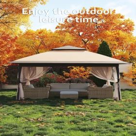 13x13FT Outdoor Pop Up Canopy Tent with Netting Adjustable Height Top Heavy Duty Steel Frame UV50 Plus Sun Protection Easy Setup Shelter for Camping B (Color: Khaki + Light Khaki)