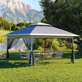 13x13FT Outdoor Pop Up Canopy Tent with Netting Adjustable Height Top Heavy Duty Steel Frame UV50 Plus Sun Protection Easy Setup Shelter for Camping B (Color: Navy Blue + Linen Gray)