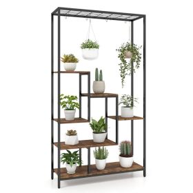 6-Tier Tall Plant Stand 71 Inch Metal Indoor Plant Shelf with 10 Hanging Hooks (Main Color: Rustic Brown, Main Material: Wood+Metal)