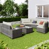 8-pieces Outdoor Wicker Round Sofa Set, Half-Moon Sectional Sets All Weather, Curved Sofa Set With Rectangular Coffee Table