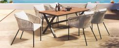 GO 7 Pieces Patio Dining Set, All-Weather Outdoor Furniture Set with Dining Table and Chairs, Acacia Wood Tabletop, Metal Frame, for for Garden