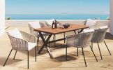 GO 7 Pieces Patio Dining Set, All-Weather Outdoor Furniture Set with Dining Table and Chairs, Acacia Wood Tabletop, Metal Frame, for for Garden