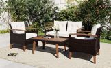 GO 4-Piece Garden Furniture, Patio Seating Set, PE Rattan Outdoor Sofa Set, Wood Table and Legs, Brown and Beige